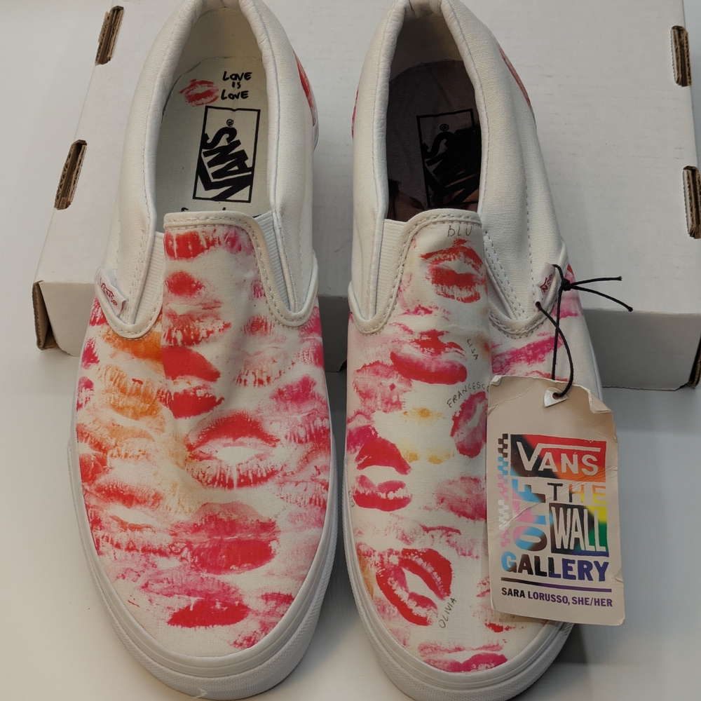 Vans White and Pink Sneakers with Playful Lip Print Designed By Sara Lorusso Sz